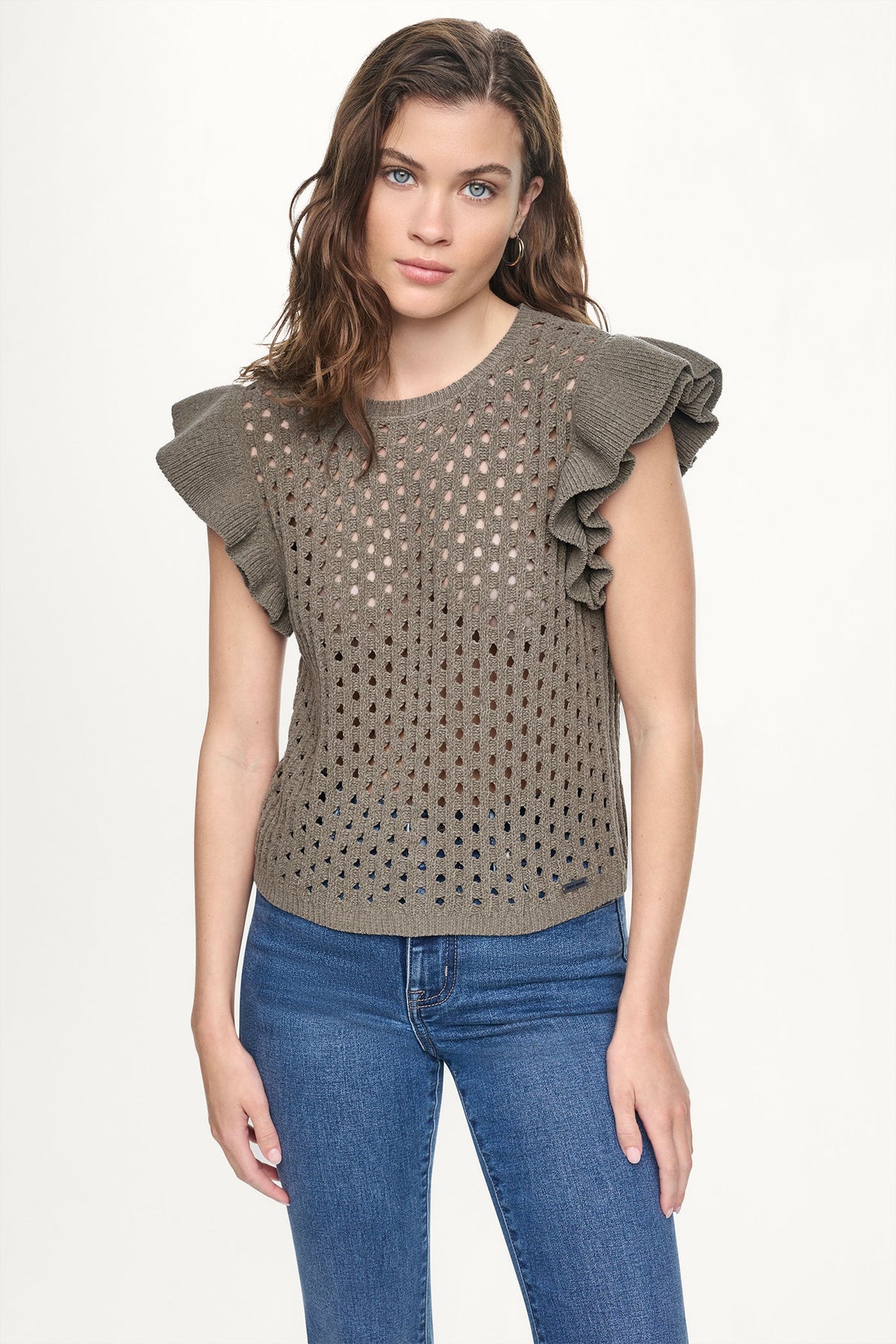 DKNY CHENILLE FLUTTER SLEEVE SWEATER