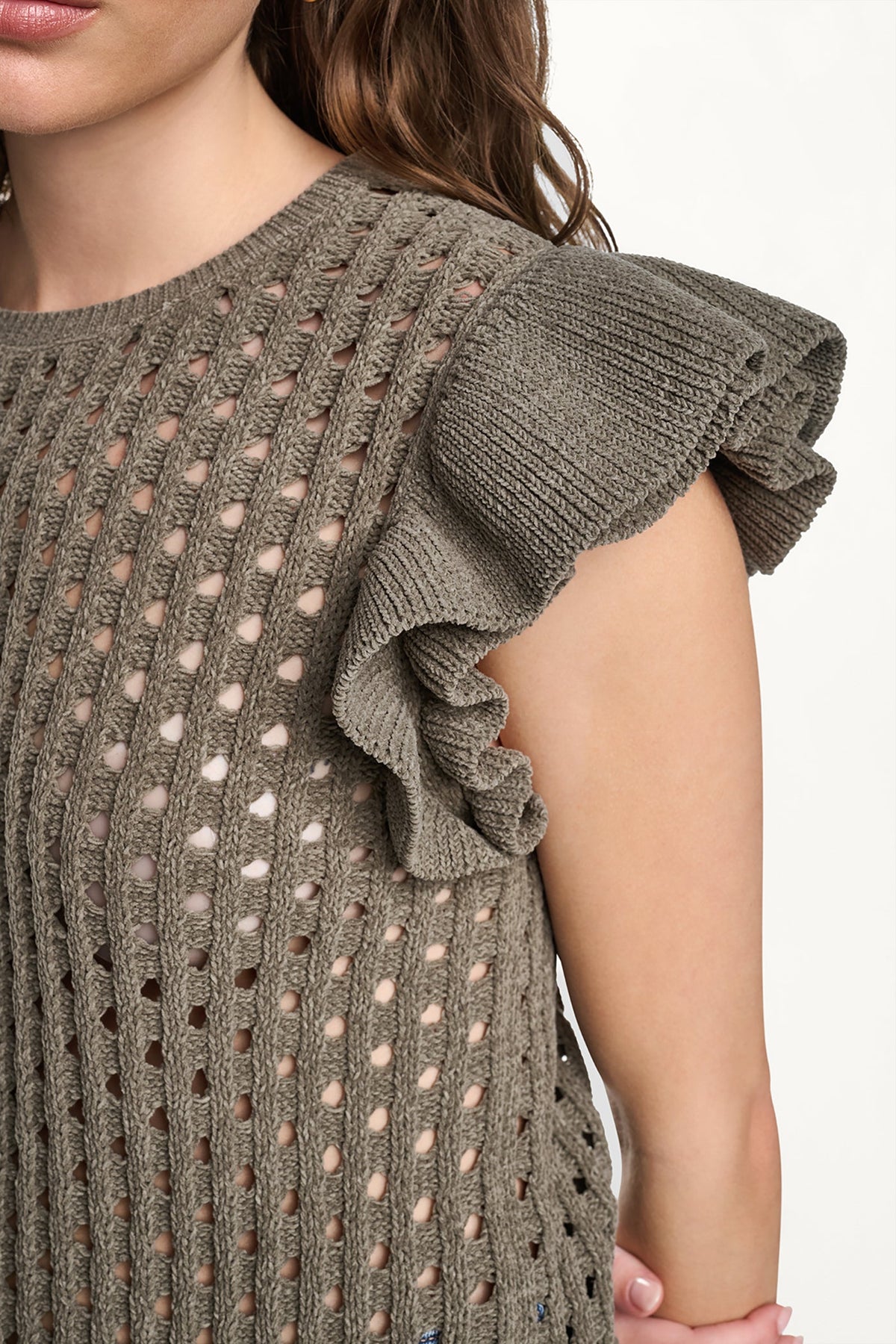DKNY CHENILLE FLUTTER SLEEVE SWEATER