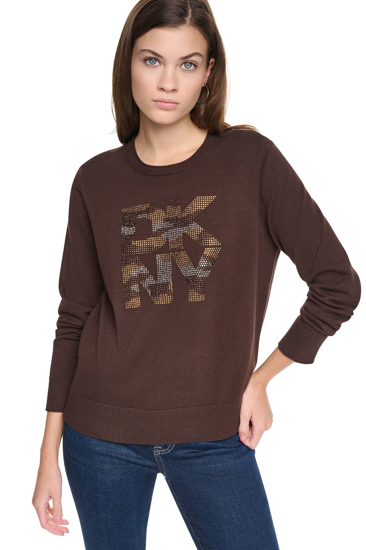 DKNY CAMO RHINESTONE LOGO SWEATER