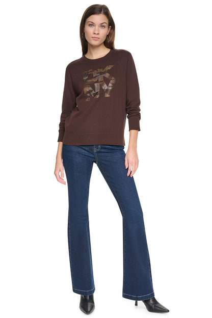DKNY CAMO RHINESTONE LOGO SWEATER