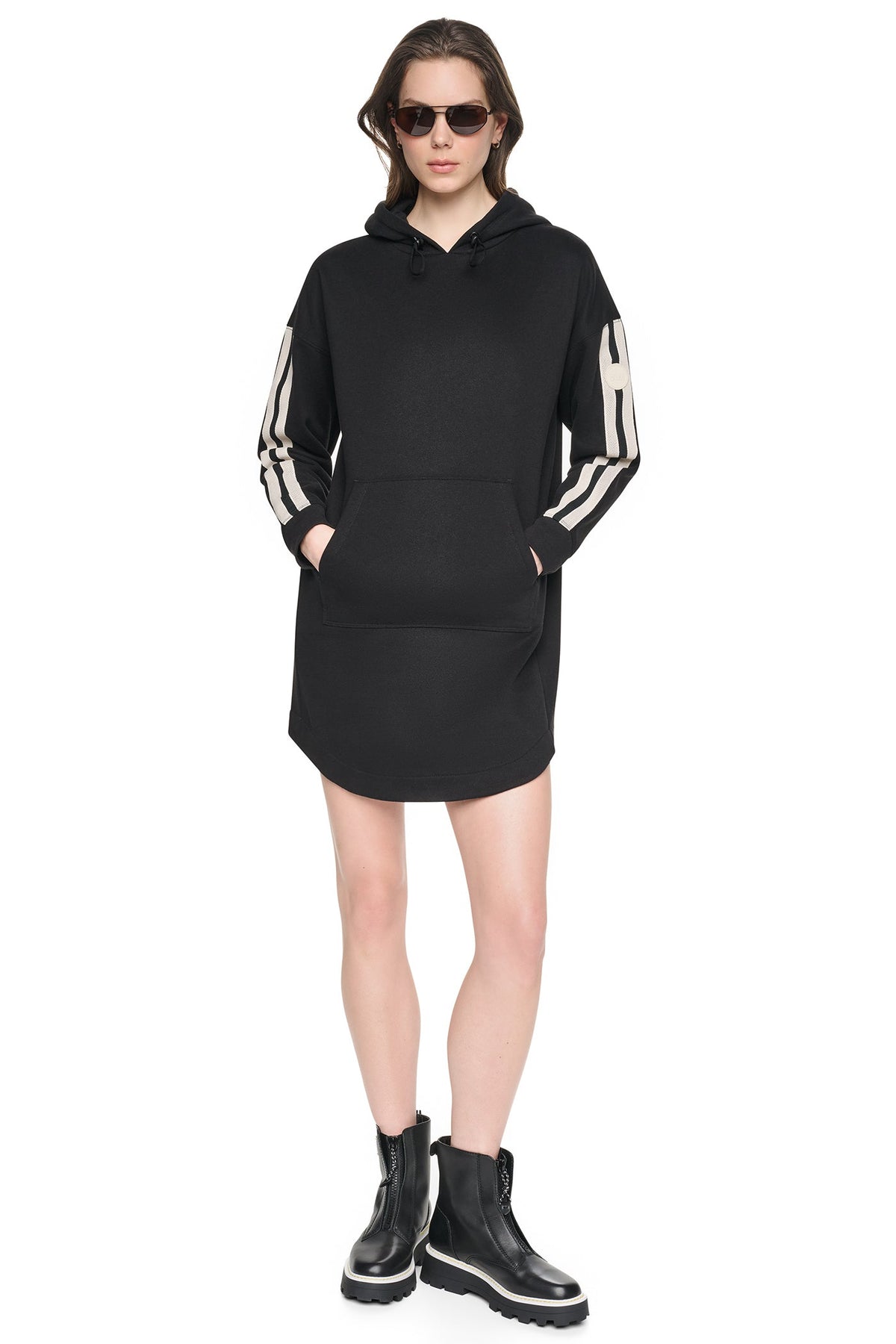 DKNY STRIPED MINI HOODIE DRESS