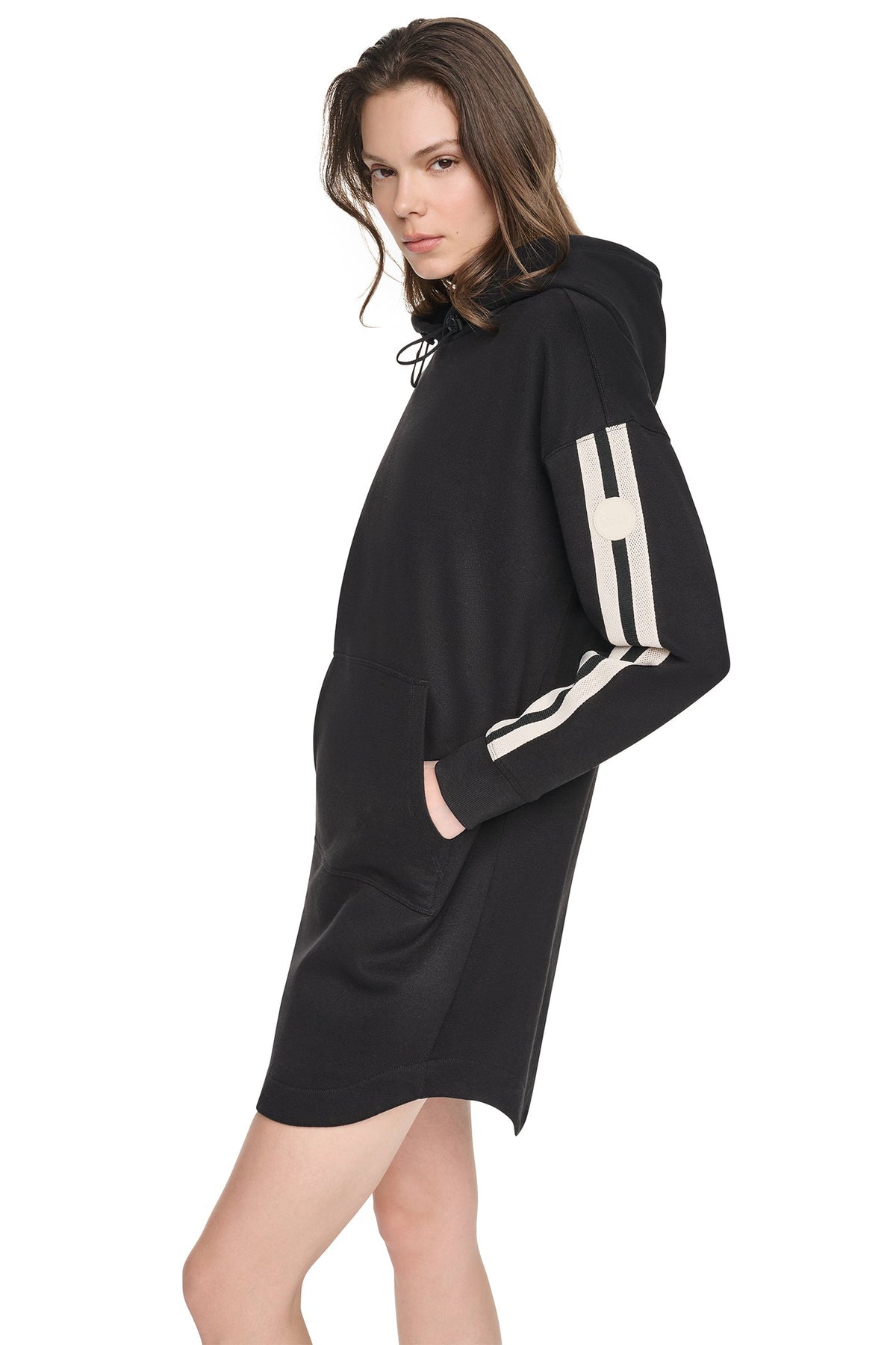 DKNY STRIPED MINI HOODIE DRESS