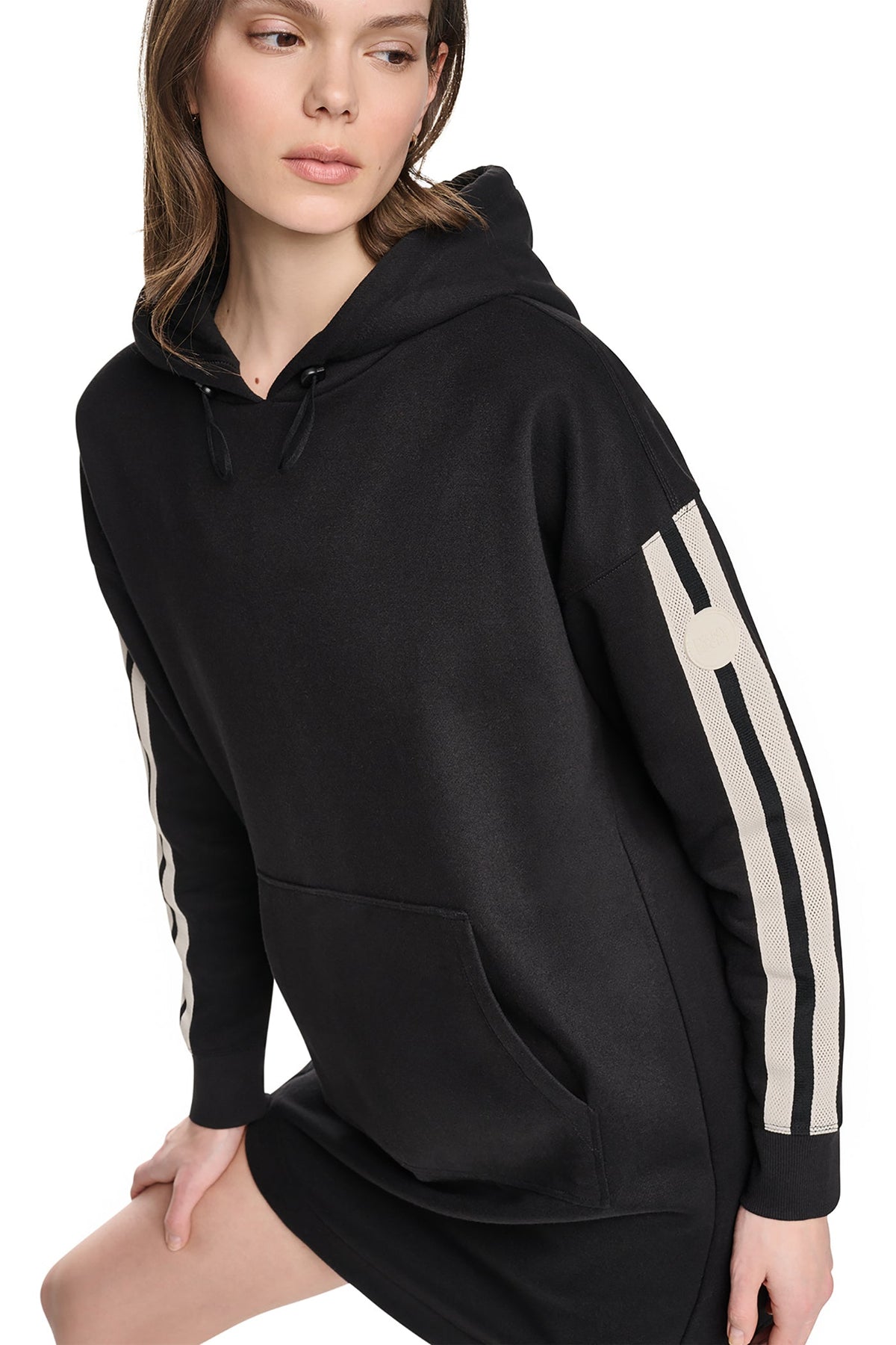 DKNY STRIPED MINI HOODIE DRESS