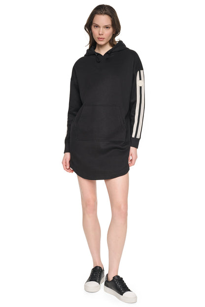 DKNY STRIPED MINI HOODIE DRESS