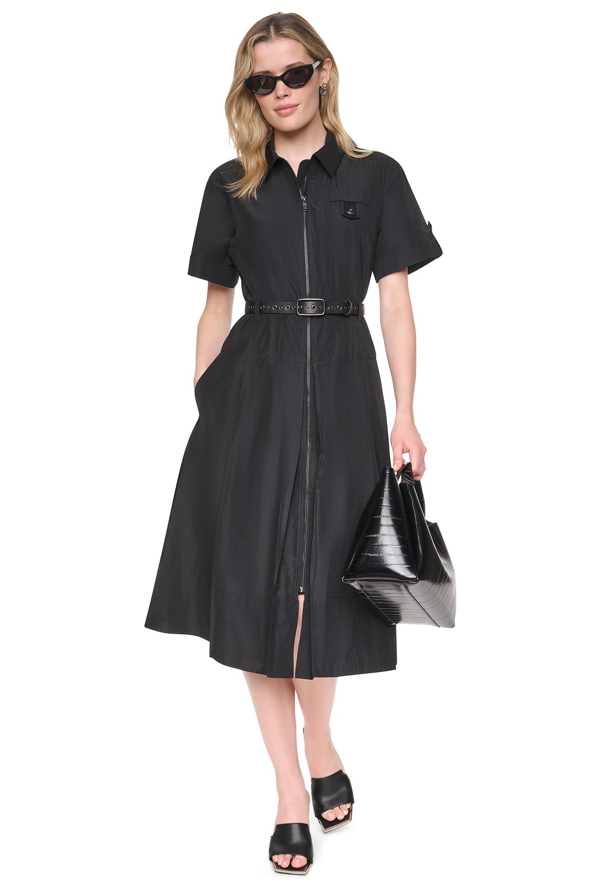 DKNY MEMORY TAFFETA ZIP FRONT DRESS