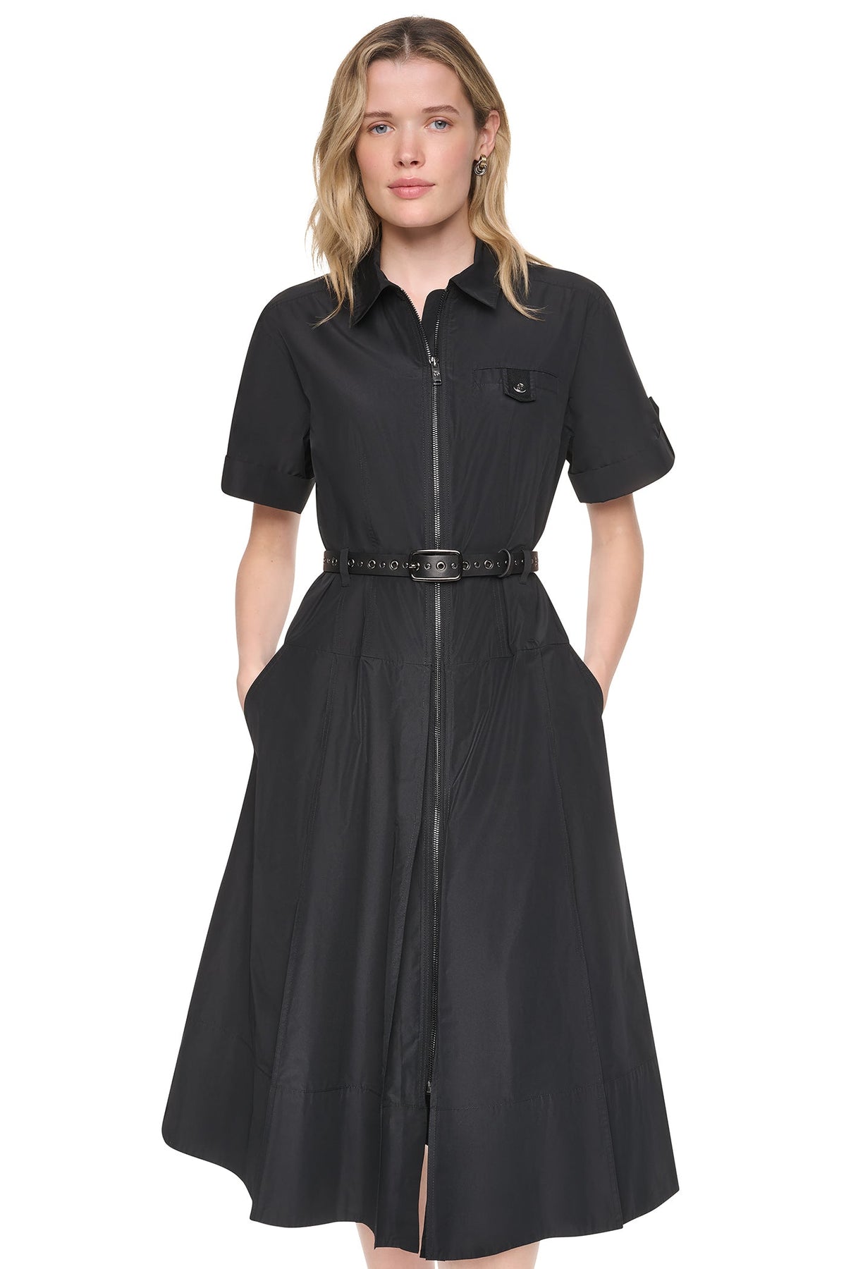 DKNY MEMORY TAFFETA ZIP FRONT DRESS