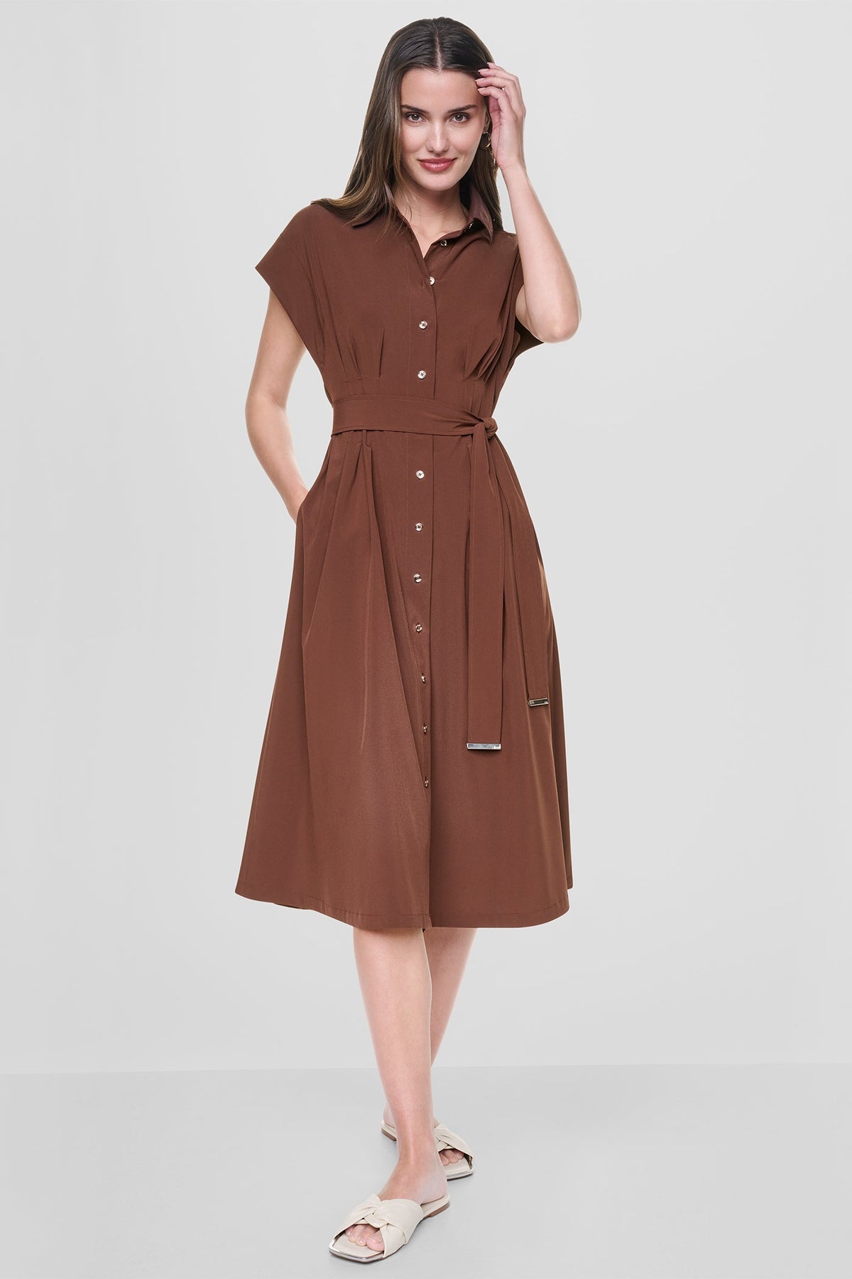DKNY CAP SLEEVE MIDI SHIRT DRESS