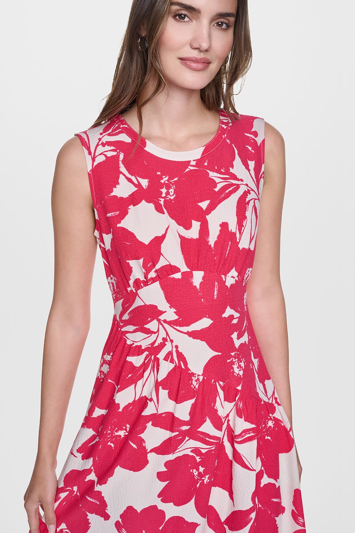 DKNY JEWEL NECK PRINTED MIDI DRESS