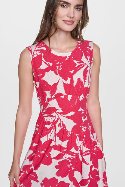 DKNY JEWEL NECK PRINTED MIDI DRESS