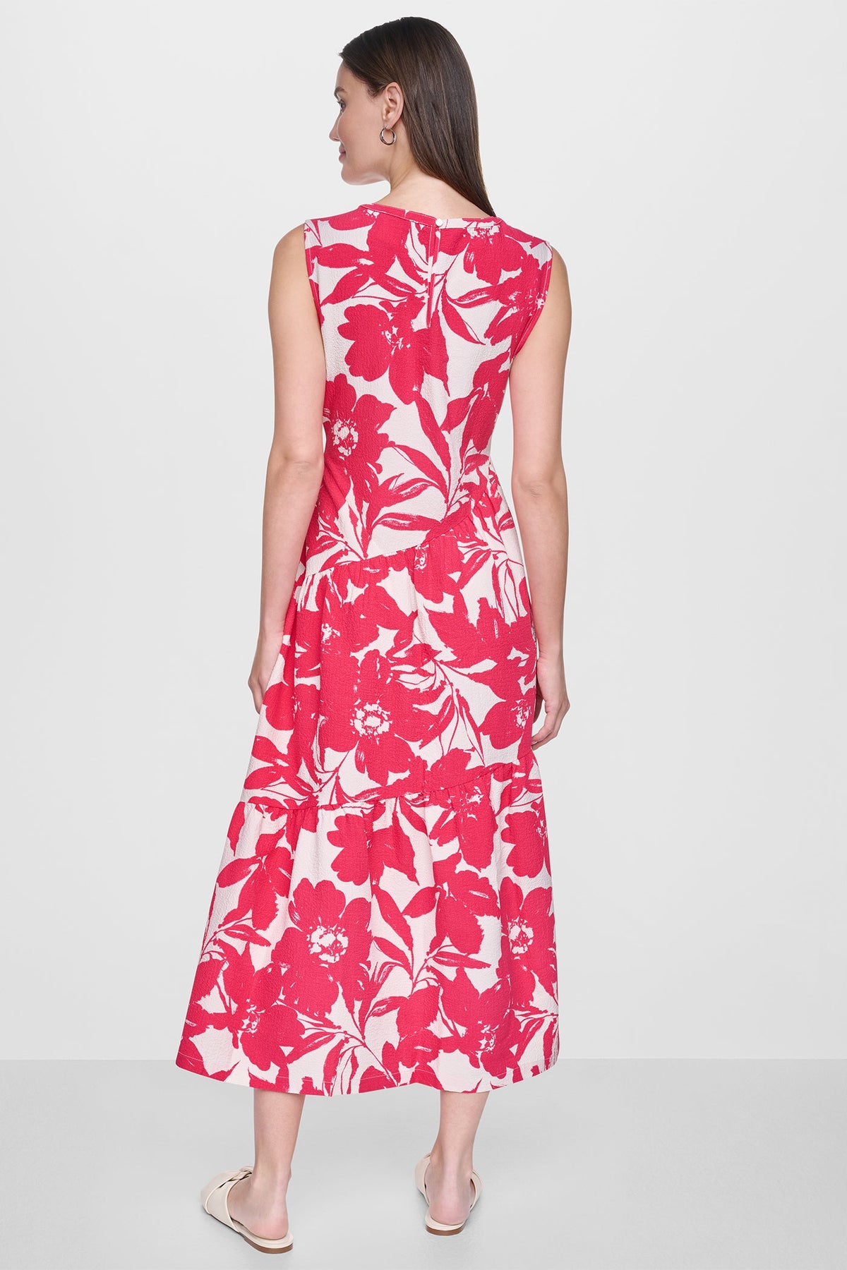 DKNY JEWEL NECK PRINTED MIDI DRESS