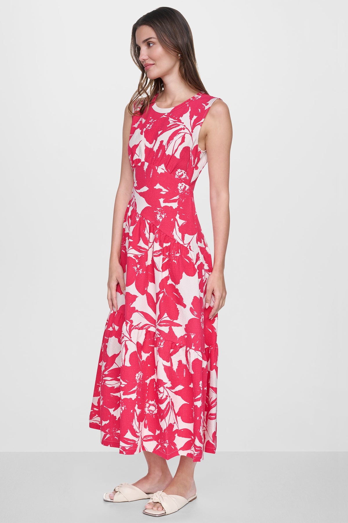 DKNY JEWEL NECK PRINTED MIDI DRESS