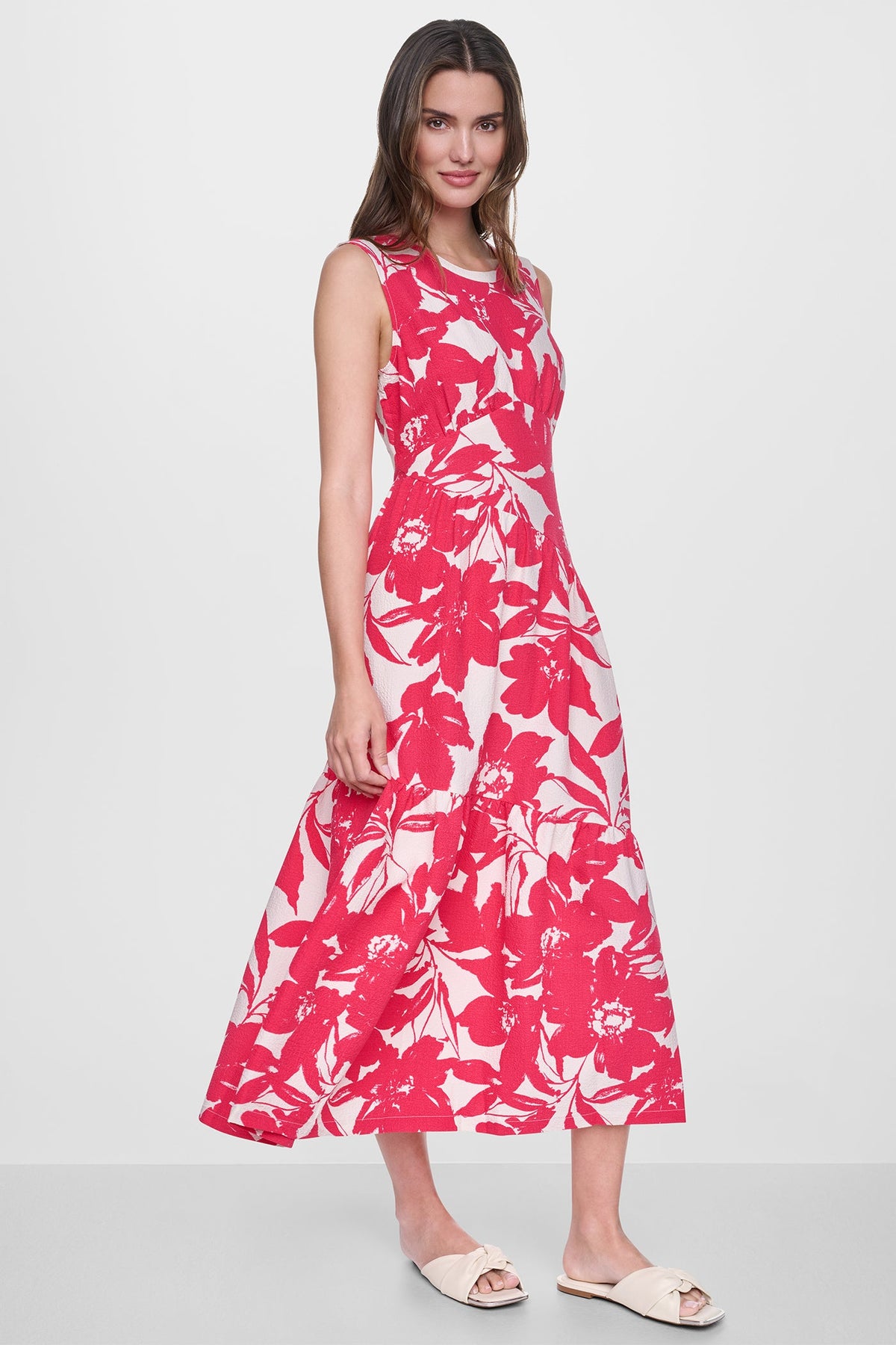 DKNY JEWEL NECK PRINTED MIDI DRESS