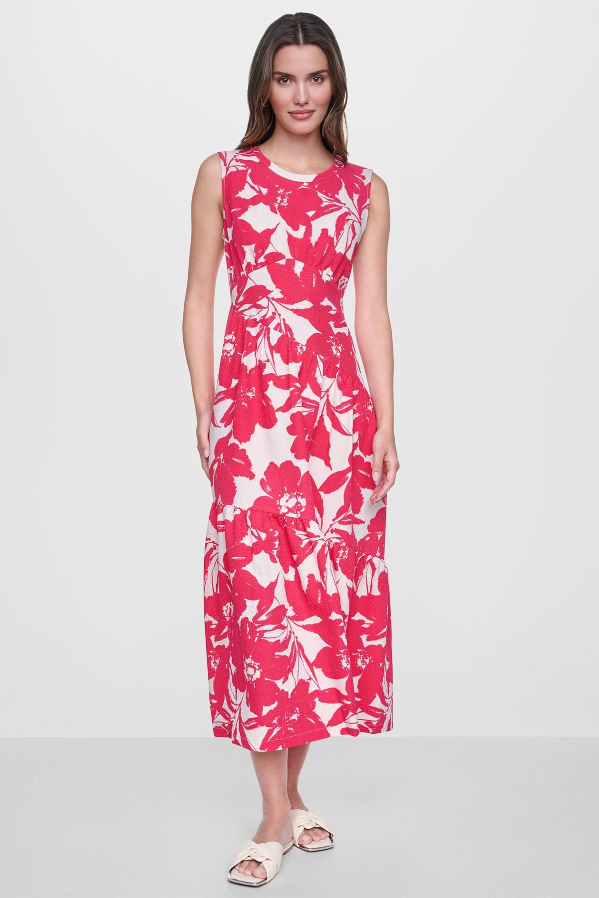 DKNY JEWEL NECK PRINTED MIDI DRESS
