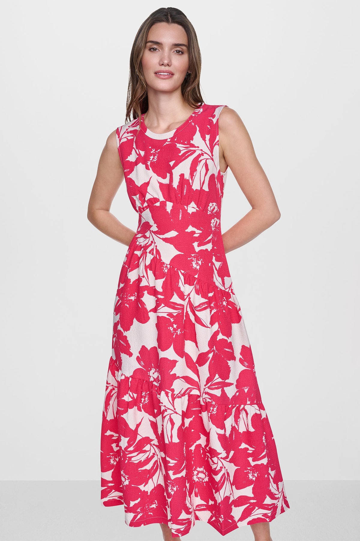 DKNY JEWEL NECK PRINTED MIDI DRESS