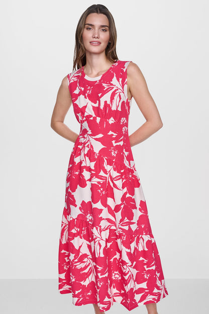 DKNY JEWEL NECK PRINTED MIDI DRESS