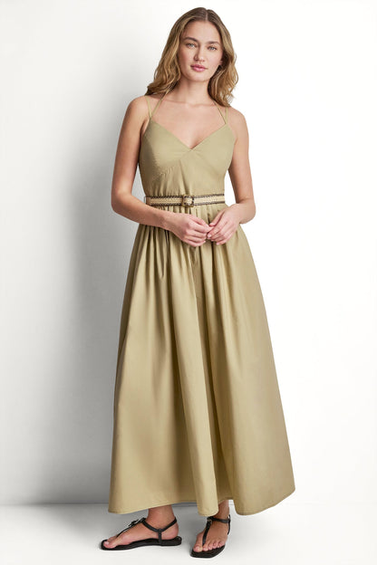 DKNY STRAPPY V-NECK MAXI DRESS WITH RAFFIA BELT