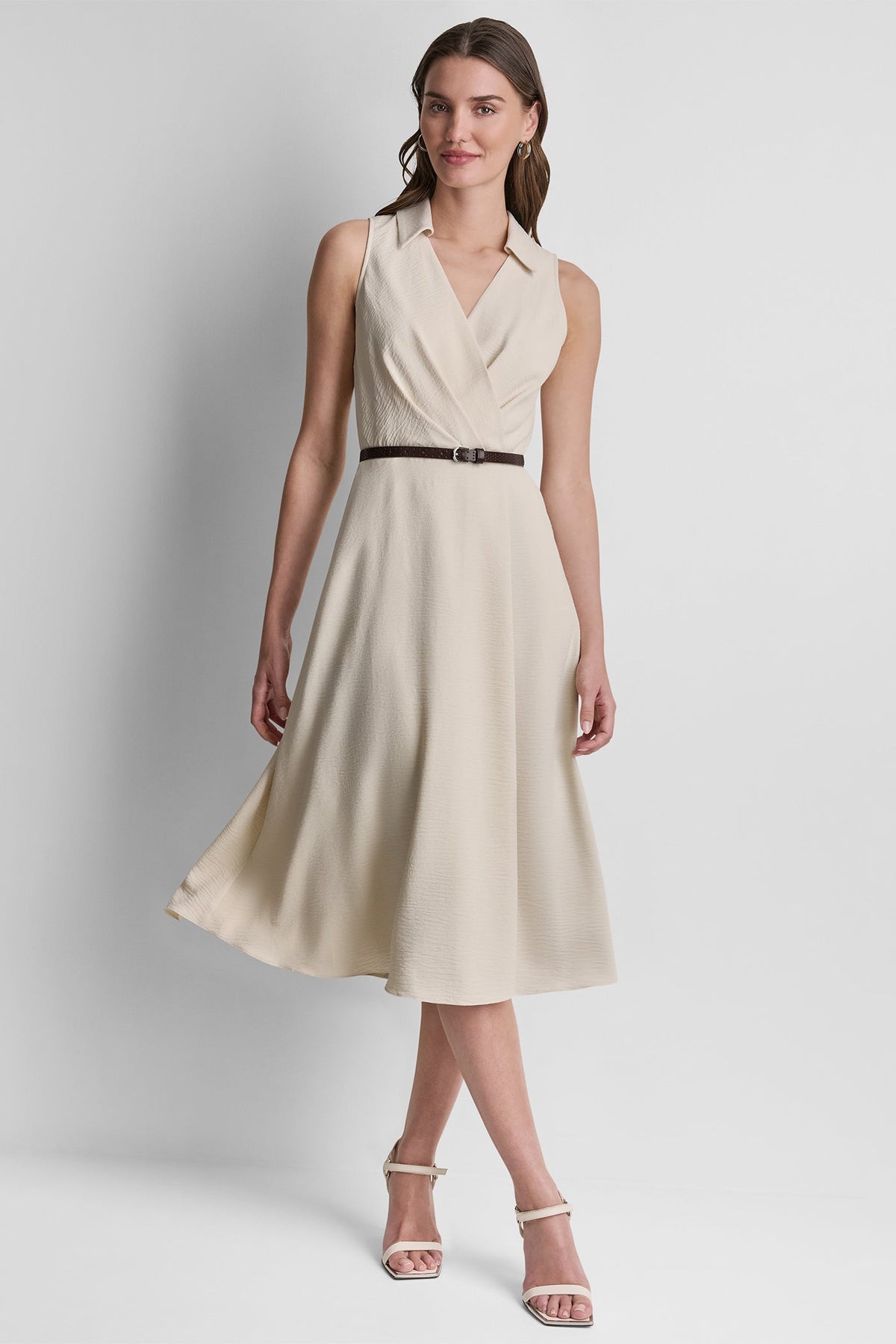 DKNY SLEEVELESS WRAP-EFFECT MIDI SHIRT DRESS