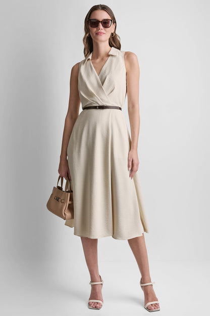 DKNY SLEEVELESS WRAP-EFFECT MIDI SHIRT DRESS