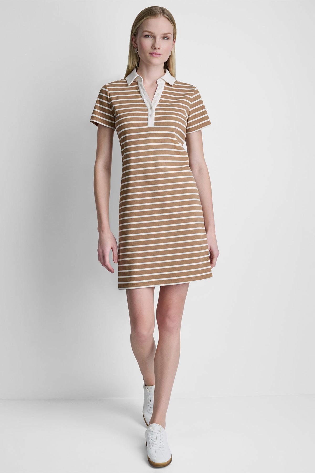 DKNY COTTON-BLEND SHORT SLEEVE STRIPE MINI POLO DRESS