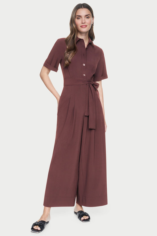 DKNY SHORT SLEEVE WIDE-LEG JUMPSUIT