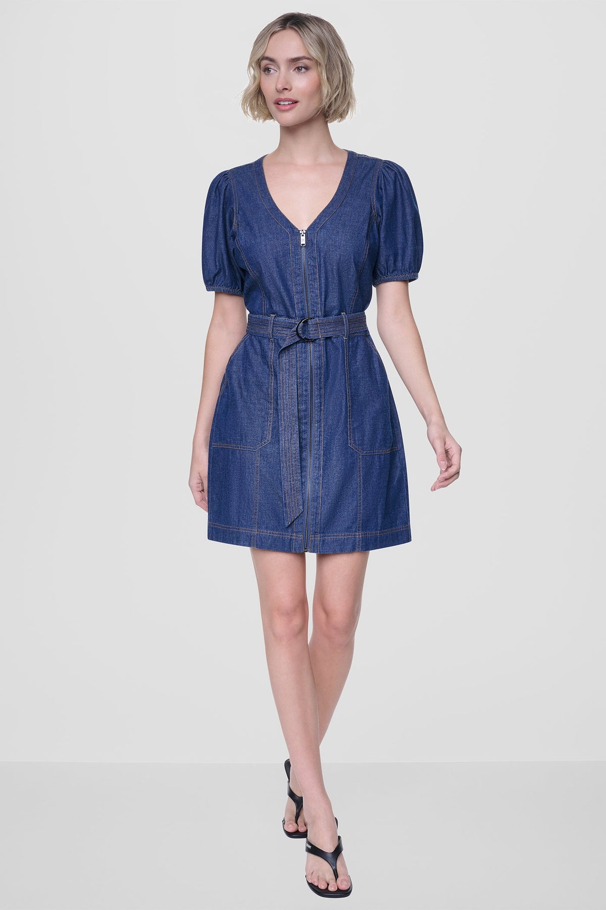 DKNY PUFF SLEEVE BELTED DENIM DRESS