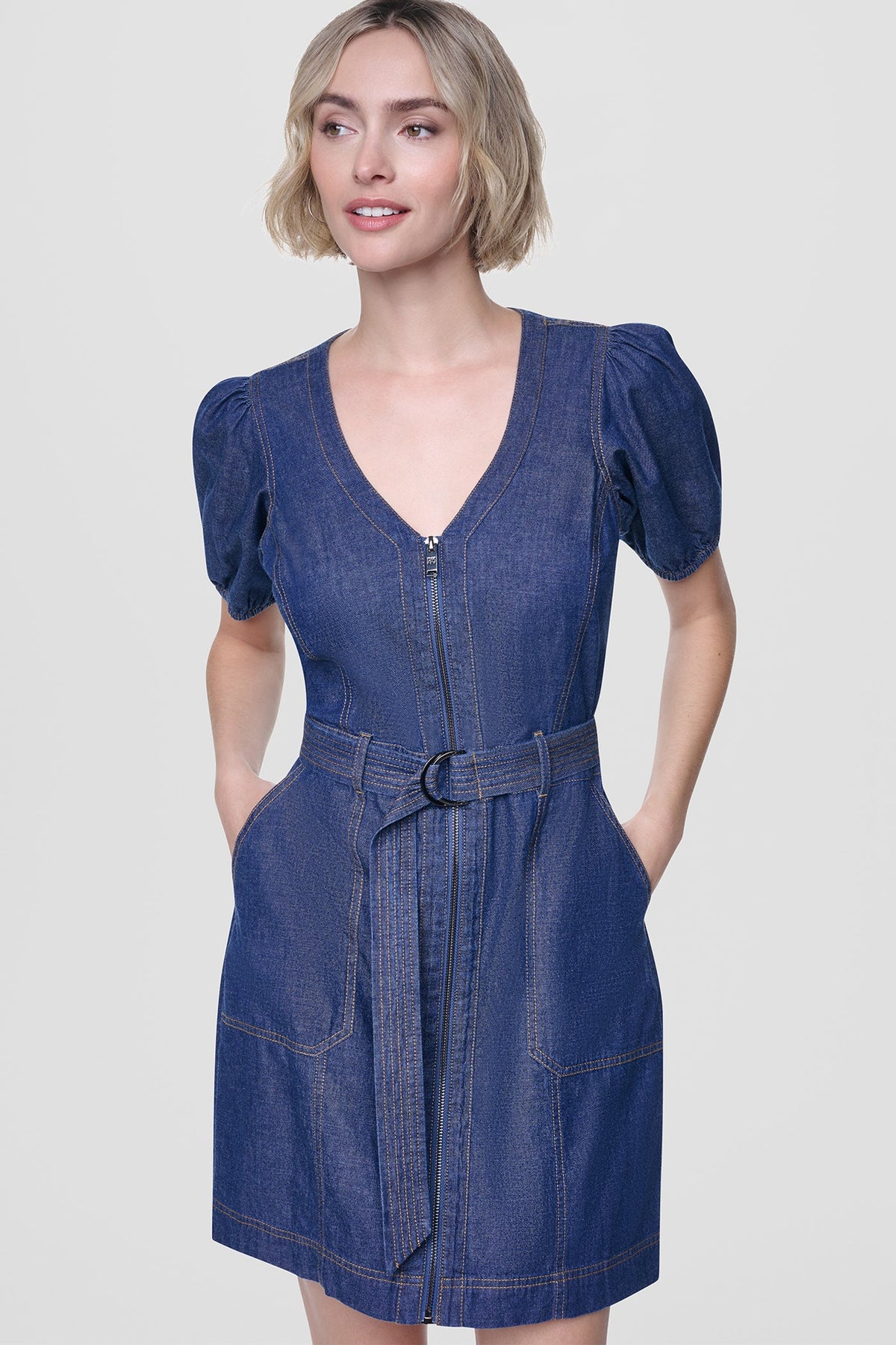 DKNY PUFF SLEEVE BELTED DENIM DRESS