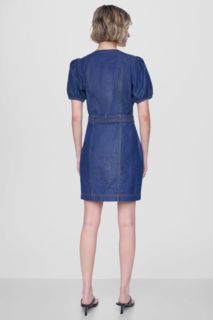 DKNY PUFF SLEEVE BELTED DENIM DRESS