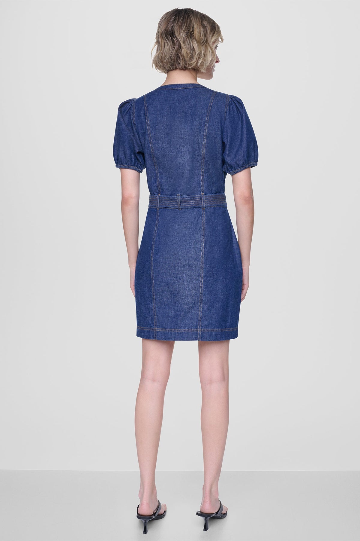 DKNY PUFF SLEEVE BELTED DENIM DRESS