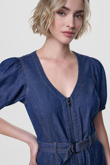 DKNY PUFF SLEEVE BELTED DENIM DRESS