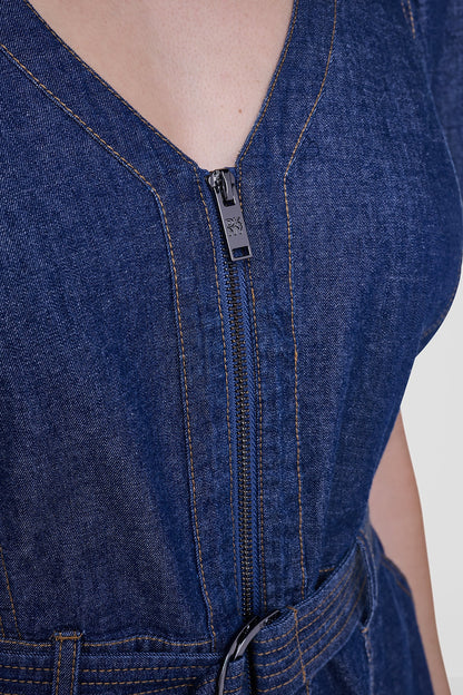 DKNY PUFF SLEEVE BELTED DENIM DRESS