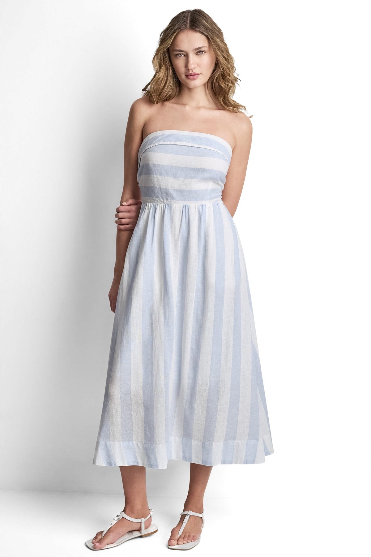 DKNY LINEN-BLEND STRAPLESS STRIPE DRESS