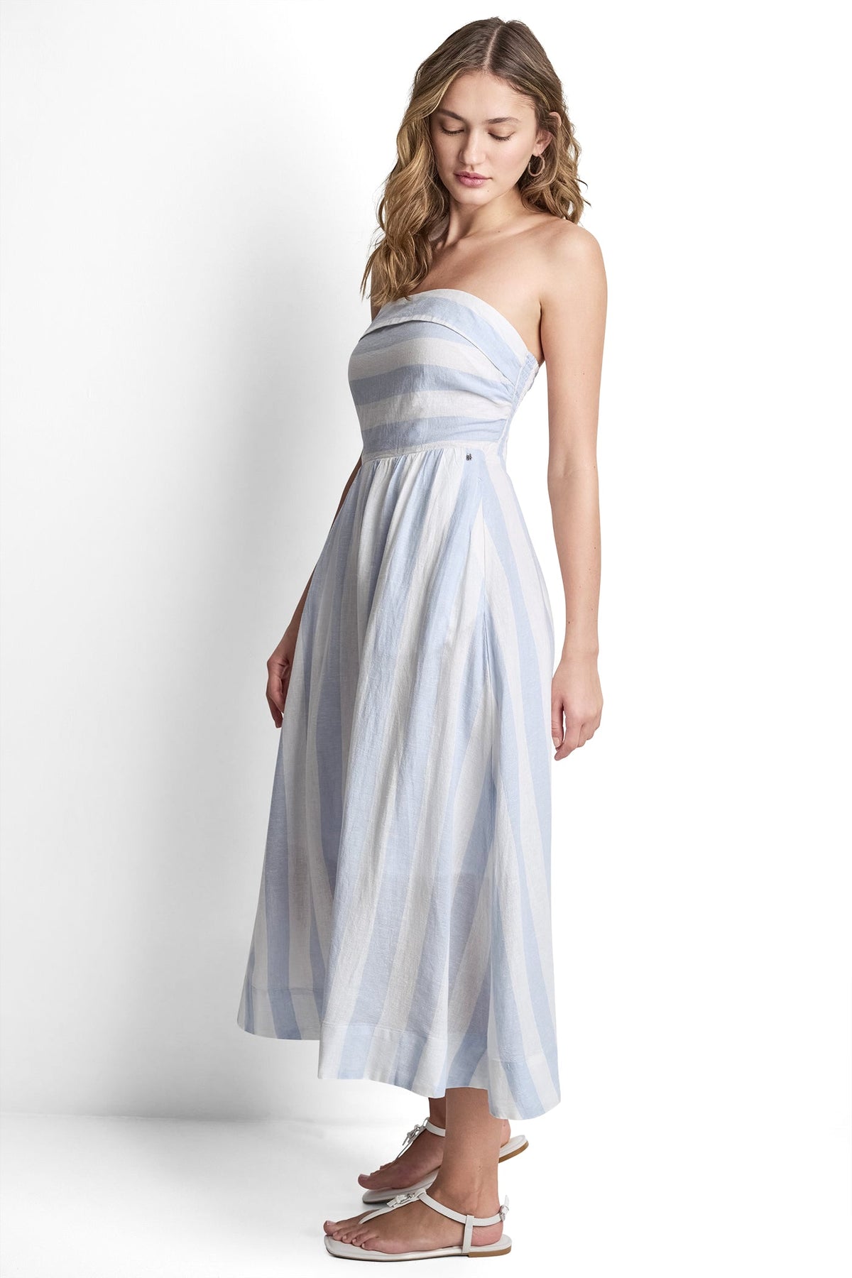 DKNY LINEN-BLEND STRAPLESS STRIPE DRESS