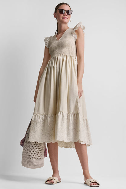 DKNY COTTON FLUTTER SLEEVE V-NECK MIDI FIT & FLARE DRESS