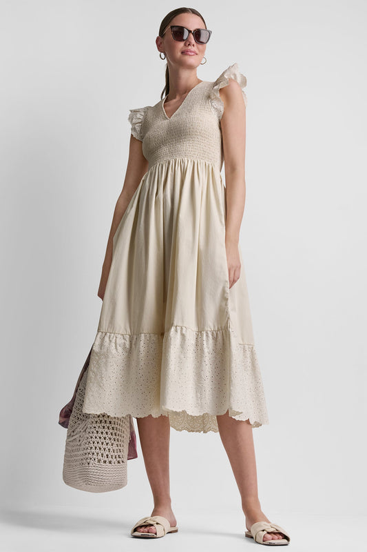DKNY COTTON FLUTTER SLEEVE V-NECK MIDI FIT & FLARE DRESS