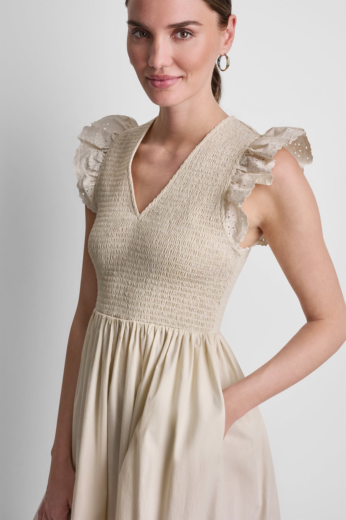 DKNY COTTON FLUTTER SLEEVE V-NECK MIDI FIT & FLARE DRESS