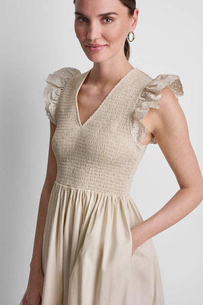 DKNY COTTON FLUTTER SLEEVE V-NECK MIDI FIT & FLARE DRESS