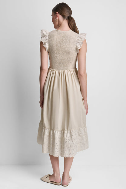 DKNY COTTON FLUTTER SLEEVE V-NECK MIDI FIT & FLARE DRESS