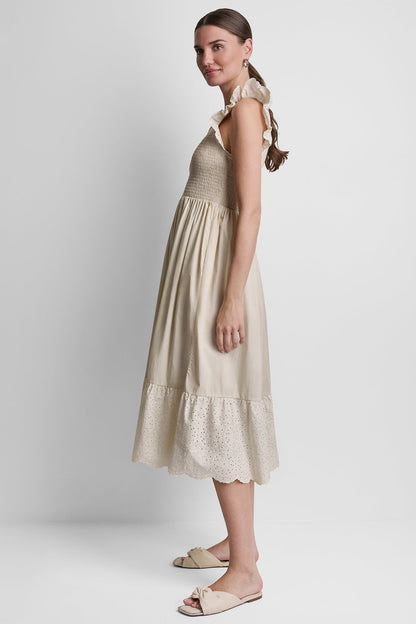DKNY COTTON FLUTTER SLEEVE V-NECK MIDI FIT & FLARE DRESS