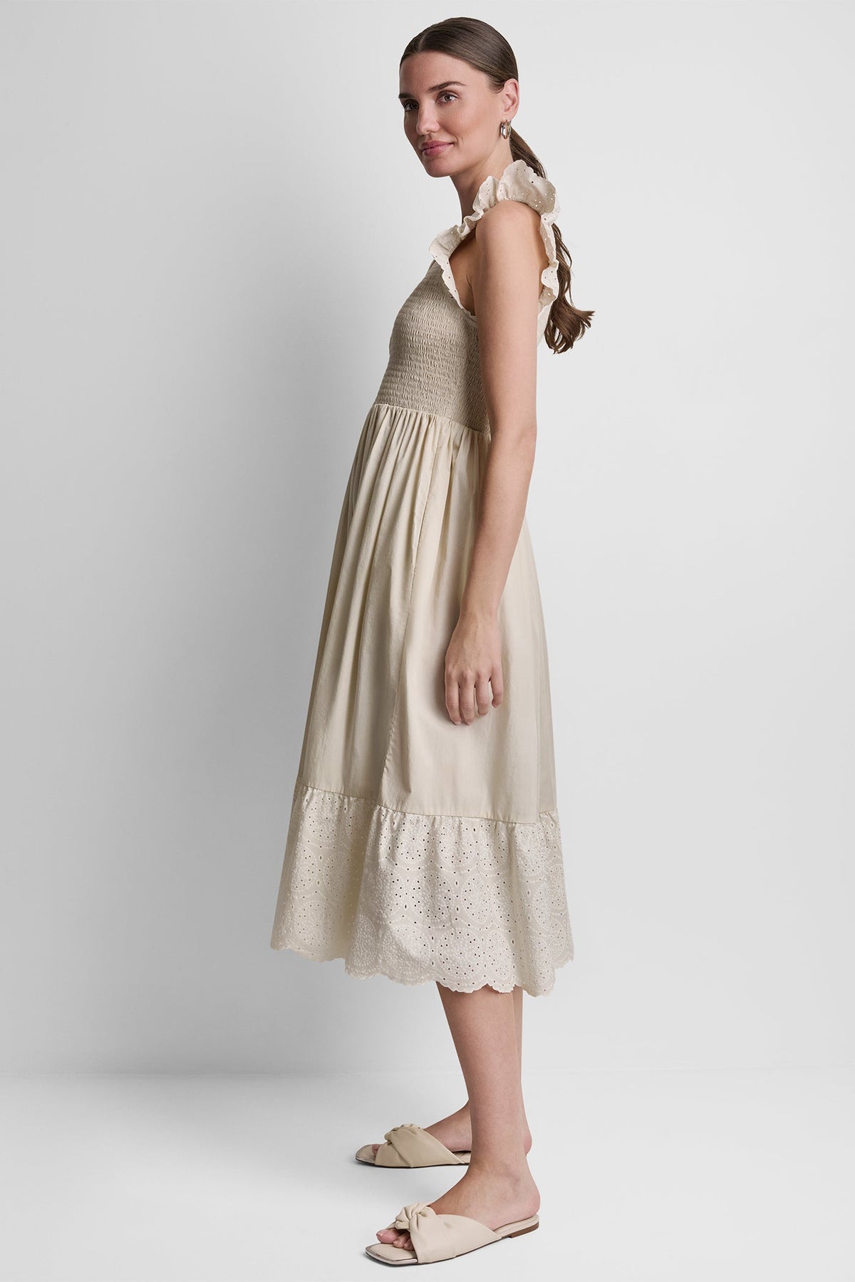 DKNY COTTON FLUTTER SLEEVE V-NECK MIDI FIT & FLARE DRESS