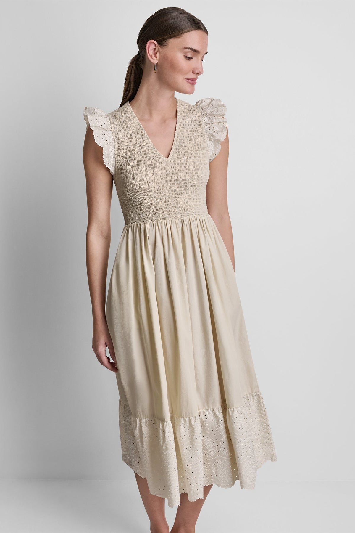 DKNY COTTON FLUTTER SLEEVE V-NECK MIDI FIT & FLARE DRESS