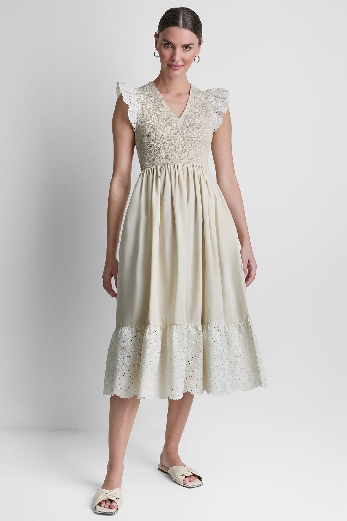 DKNY COTTON FLUTTER SLEEVE V-NECK MIDI FIT & FLARE DRESS