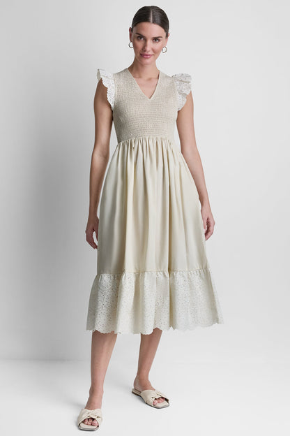 DKNY COTTON FLUTTER SLEEVE V-NECK MIDI FIT & FLARE DRESS