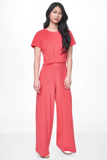 DKNY TOWELLING TERRY HIGH-RISE WIDE LEG PANT