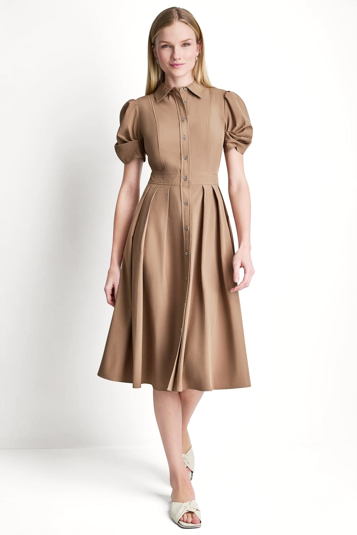DKNY MEMORY TAFFETA MIDI SHIRT DRESS