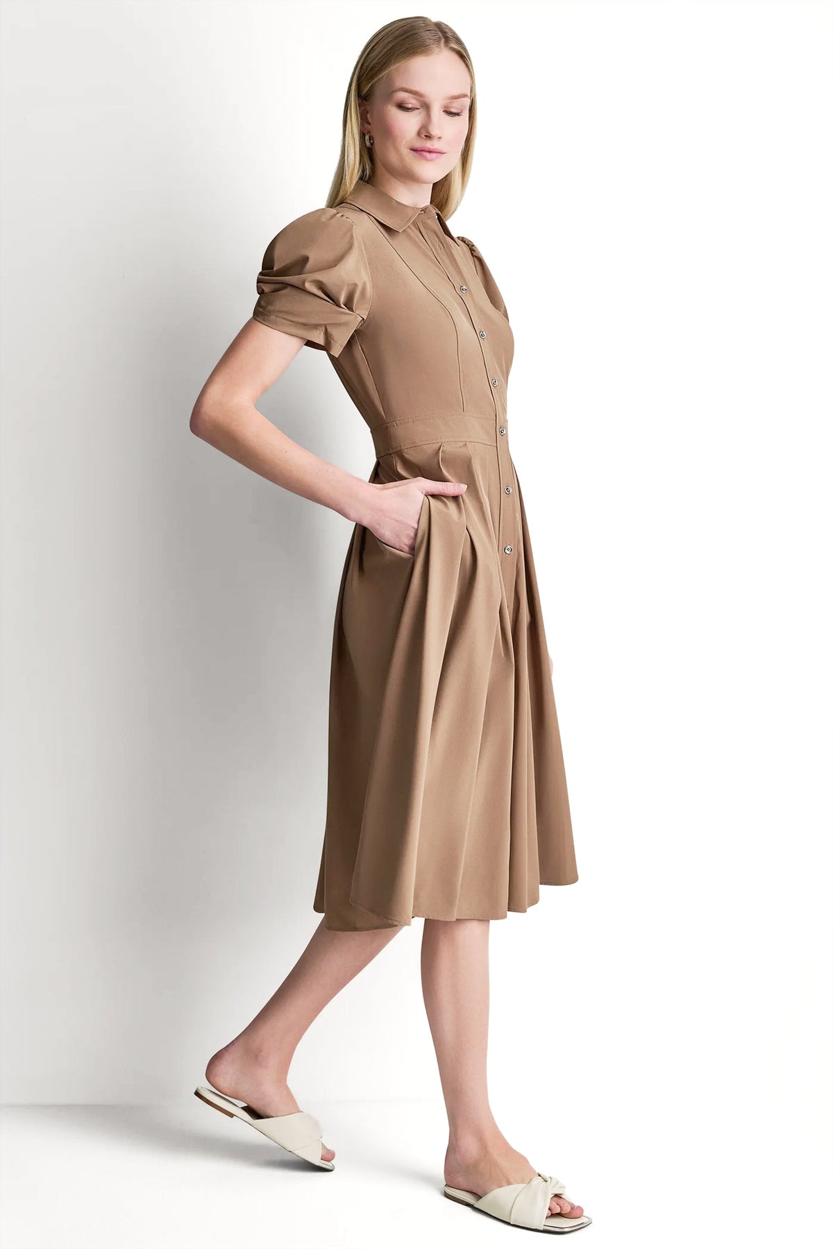 DKNY MEMORY TAFFETA MIDI SHIRT DRESS