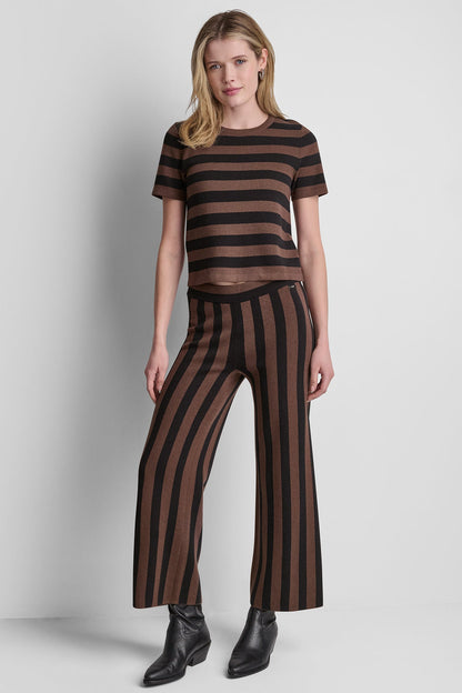 DKNY HIGH-RISE STRIPED PULL-ON FLARE PANT
