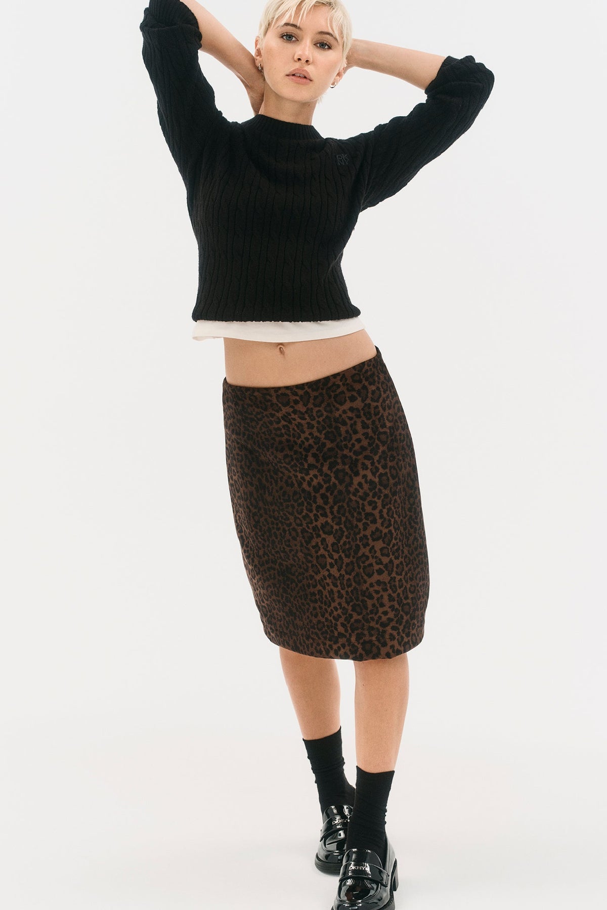 DKNY LEOPARD FAUX SUEDE MIDI SKIRT