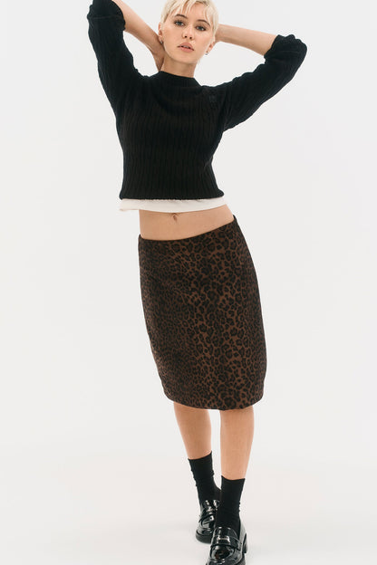 DKNY LEOPARD FAUX SUEDE MIDI SKIRT
