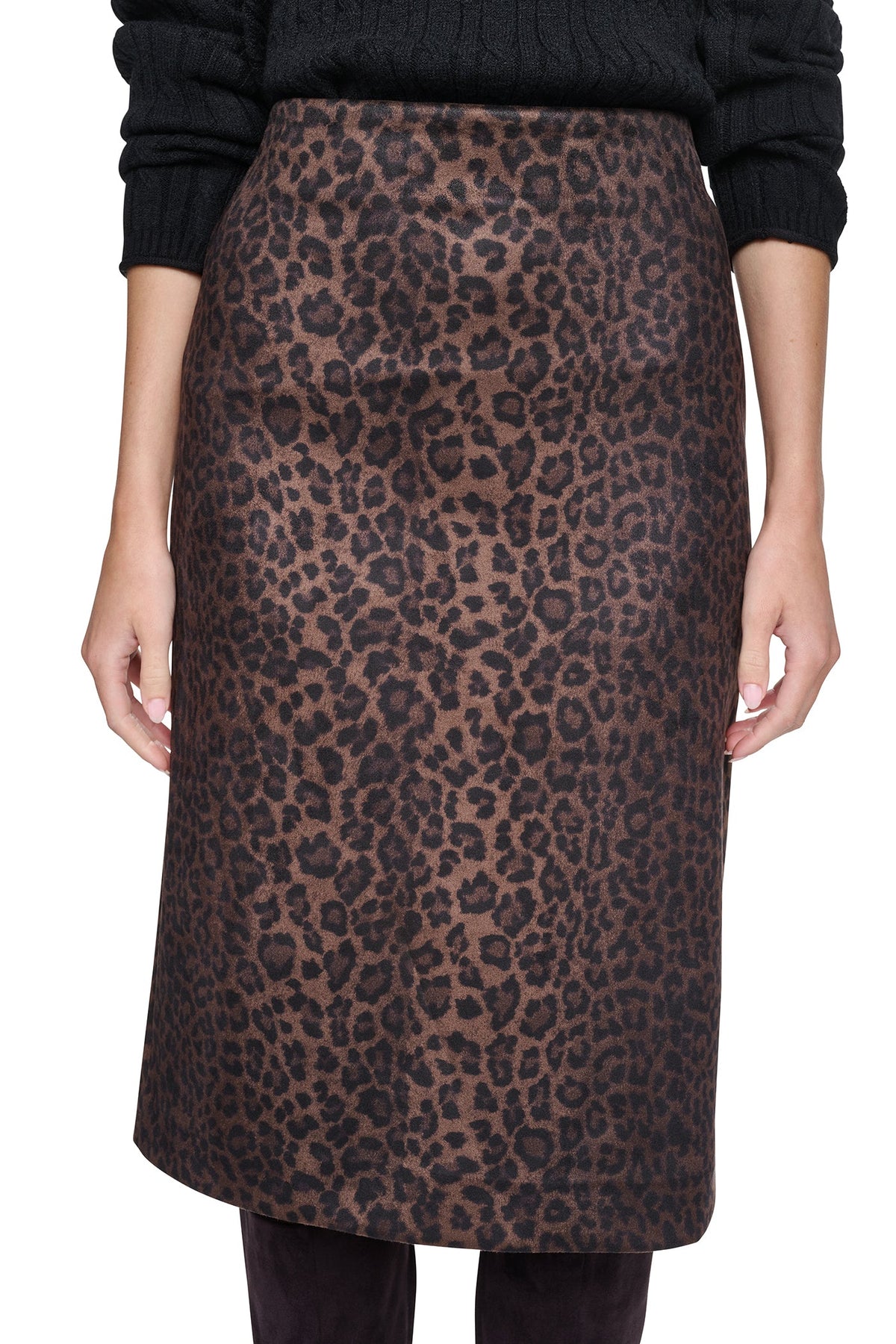 DKNY LEOPARD FAUX SUEDE MIDI SKIRT