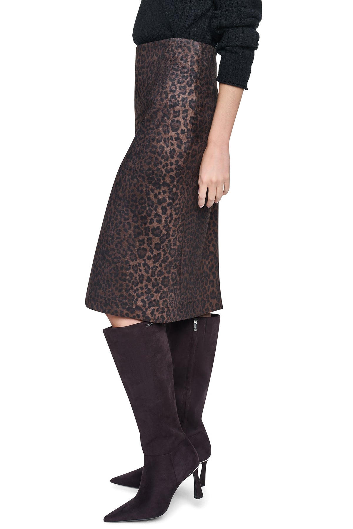 DKNY LEOPARD FAUX SUEDE MIDI SKIRT